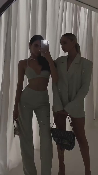 Glitter Silver Party Two Piece Pants Set Women