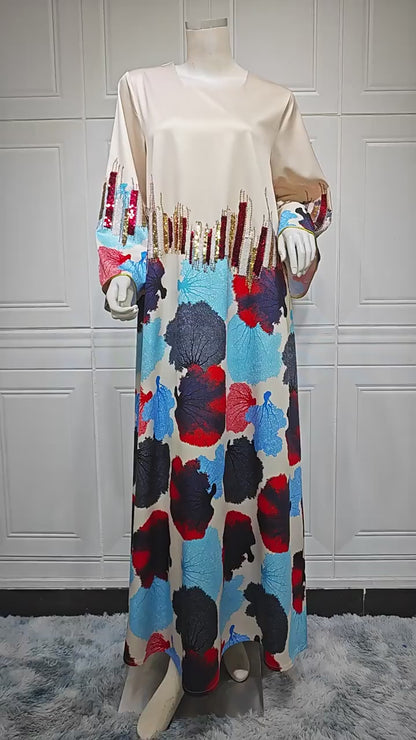 Printing Sequins Long Dress Galabia Muslim Eid