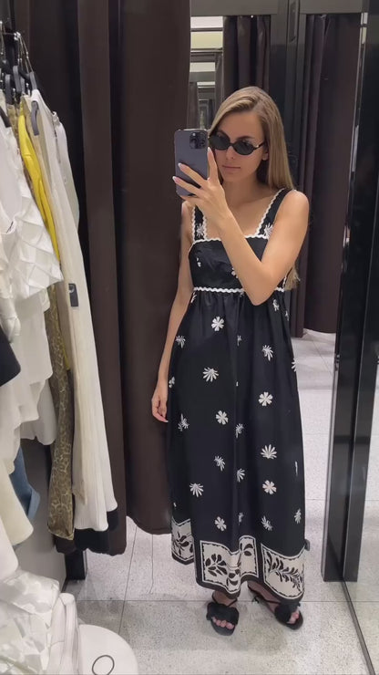 Vintage Print Pleated Sling Strap Dress
